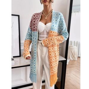 Boho Geometric Fringe Colorblock Long Cardigan